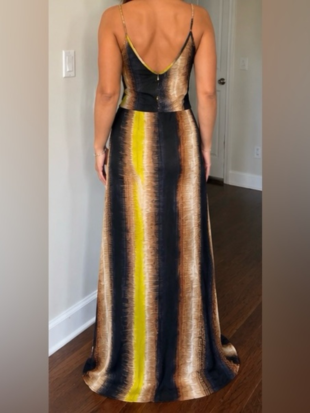 Sleeveless Striped Maxi Dress in Brown and Yellow with Low Cut Back - Picture 3 of 3